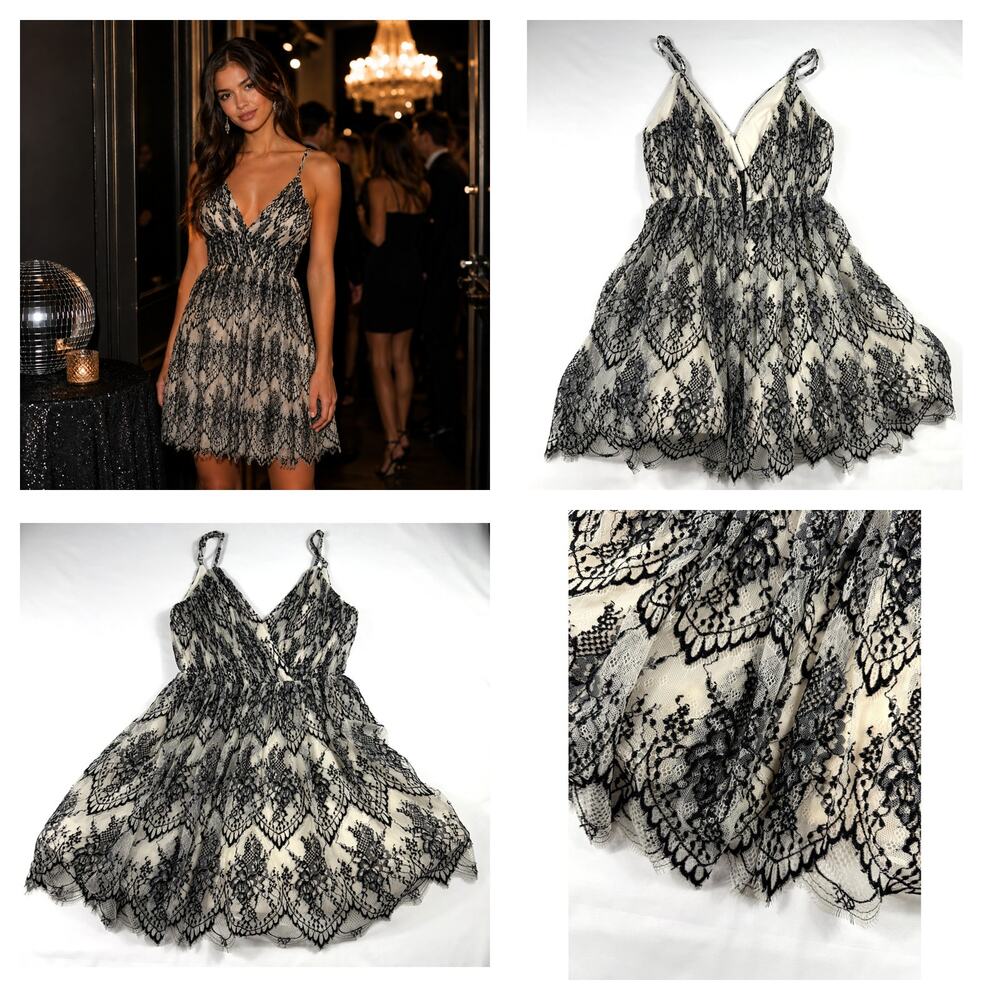 Alice + Olivia Black Lace Overlay Cream Mini Dress